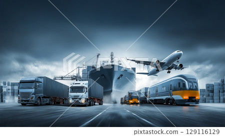 高效率的貨運組合,海運、空運、公路和鐵路貨運線路 高效率的貨運組合,海運、空運、公路和鐵路貨運線路 129116129