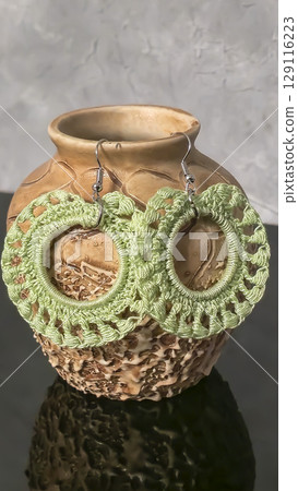 Round green earrings made of thin cotton threads, hand-knitted. Handmade. Jewelry for women. Round green earrings made of thin cotton threads, hand-knitted. Handmade. Jewelry for women. 129116223