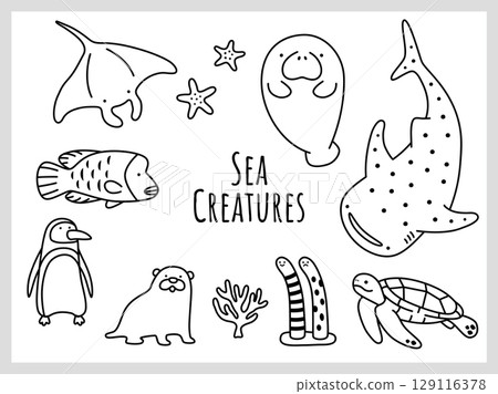 Line drawings of aquarium creatures 129116378