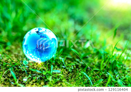 A beautiful crystal globe to the left of the bright grass. Ecological image. Blue. 129116404