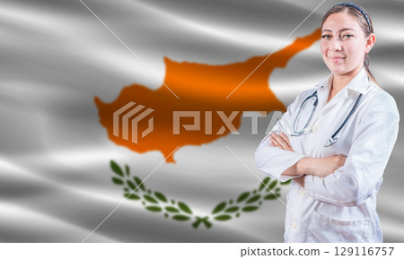 Female doctor on Chipre flag. Doctor with crossed arms on Chipre flag. Chipre health and care concept Female doctor on Chipre flag. Doctor with crossed arms on Chipre flag. Chipre health and care concept 129116757