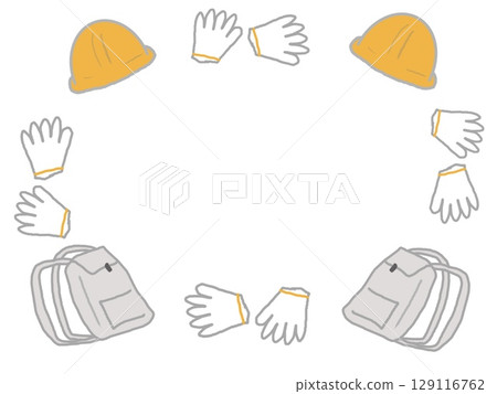 帶有防災用品插圖的框架:頭盔、手套和背包 帶有防災用品插圖的框架:頭盔、手套和背包 129116762