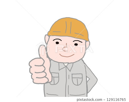 一名身穿工作服的年輕男子豎起大拇指 129116765