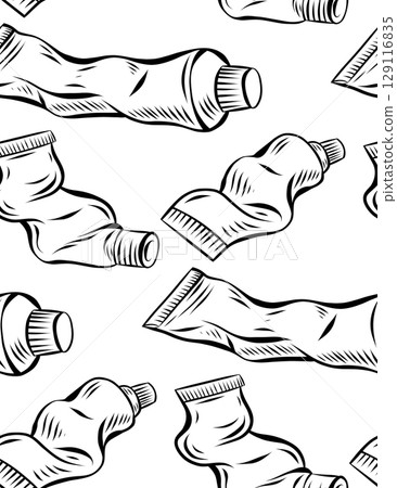 Vector seamless pattern with outline tubes of acrylic and oil paint. Texture with contour drawn toothpaste with hatching on white background. Vector seamless pattern with outline tubes of acrylic and oil paint. Texture with contour drawn toothpaste with hatching on white background. 129116835
