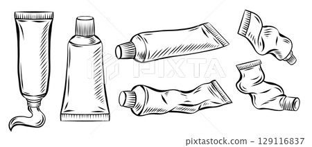 Vector set of clipart with tubes of acrylic and oil paint. Collection of contour drawn toothpaste with hatching isolated from background. Vector set of clipart with tubes of acrylic and oil paint. Collection of contour drawn toothpaste with hatching isolated from background. 129116837