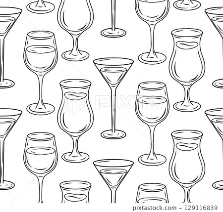 Vector seamless pattern with contour glass cups and wine glasses with drinks. Texture with sketch cups with alcohol and juice on white background. Vector seamless pattern with contour glass cups and wine glasses with drinks. Texture with sketch cups with alcohol and juice on white background. 129116839