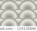 Seamless grayscale mosaic pattern with waves, portuguese style decorative scales pavement, monochrome stone tiling with rounded ornament, vector 129116846