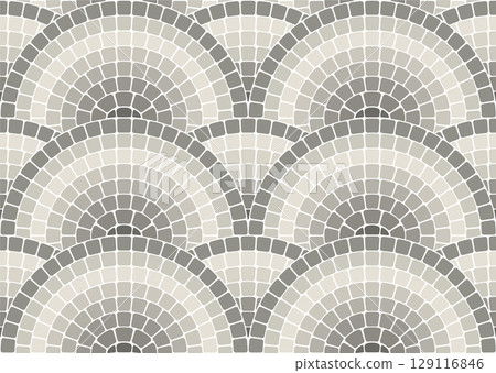 Seamless grayscale mosaic pattern with waves, portuguese style decorative scales pavement, monochrome stone tiling with rounded ornament, vector Seamless grayscale mosaic pattern with waves, portuguese style decorative scales pavement, monochrome stone tiling with rounded ornament, vector 129116846