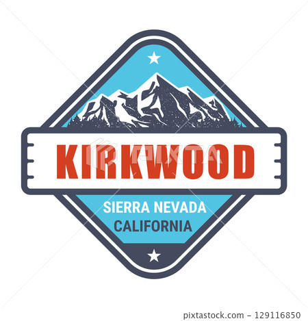 Kirkwood ski resort, California stamp, emblem with snow covered  Sierra Nevada mountains, vector 129116850