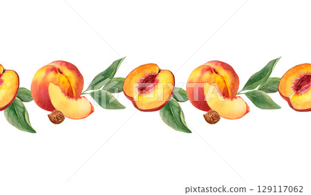 watercolor hand drawn gorizontal border with seamless pattern with ripe peaches and green leaves 129117062