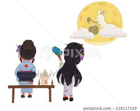 A woman in a yukata gazing at a rabbit on the moon under the harvest moon on a long autumn night 129117329