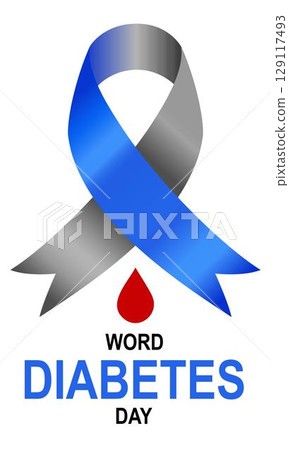 Word Diabetes Day. Word Diabetes Day vector illustration with Blue and Grey awareness ribbon loop. Raising awareness of diabetes campaign.  Concept illustration 129117493