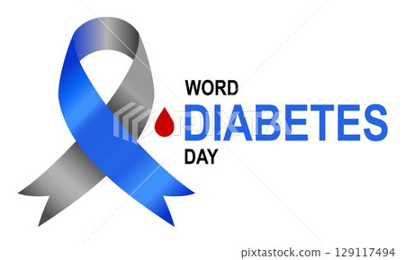 Word Diabetes Day. Blue and Grey awareness ribbon. Word Diabetes Day vector illustration with Blue and Grey ribbon loop. Raising awareness of diabetes campaign.  Concept illustration 129117494