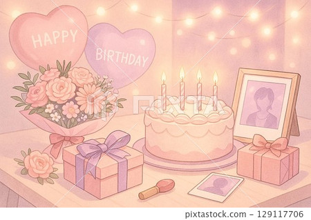 為喜歡的偶像慶祝生日的辦公桌場景（有蛋糕、花束、寶麗來風格的照片） 129117706