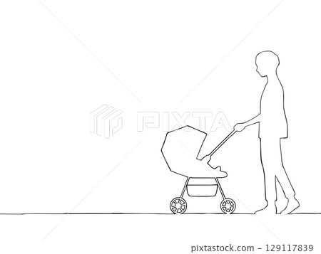 Line drawing of a man (father) pushing a stroller Line drawing of a man (father) pushing a stroller 129117839