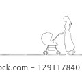 Line drawing illustration of a woman (mother) pushing a stroller 129117840