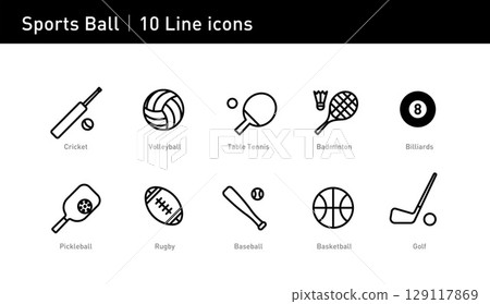 This set of ball sports icons shows the charm of competition, including basketball, badminton, baseball, etc., suitable for sports and design projects, vector can be changed color and infinitely scaled 129117869