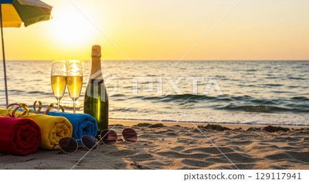 Romantic beach sunset with champagne. Vacations, celebration, and tranquil coastal escapes. 129117941