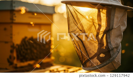 Beekeeper's protective hat and veil at sunset. Safety, traditional beekeeping, and sustainable agriculture. Beekeeper's protective hat and veil at sunset. Safety, traditional beekeeping, and sustainable agriculture. 129117942