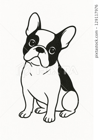 Tilt your head / French bulldog monochrome line drawing Generative AI 129117976