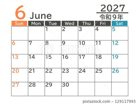 日本節慶彩色星期日開始 2027 年 6 月月曆 129117993