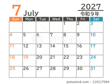 2027 年 7 月日本節慶彩色月曆(週日開始) 2027 年 7 月日本節慶彩色月曆(週日開始) 129117994