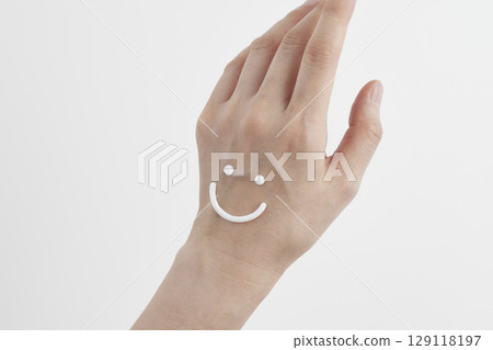 Skincare Beauty. Cosmetic cream texture for gentle moisturizing of healthy hands. Skincare Beauty. Cosmetic cream texture for gentle moisturizing of healthy hands. 129118197