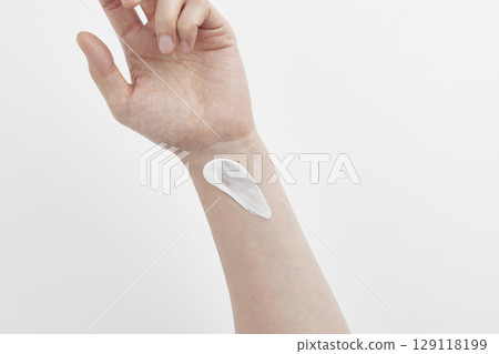 Skincare Beauty. Cosmetic cream texture for gentle moisturizing of healthy hands. 129118199