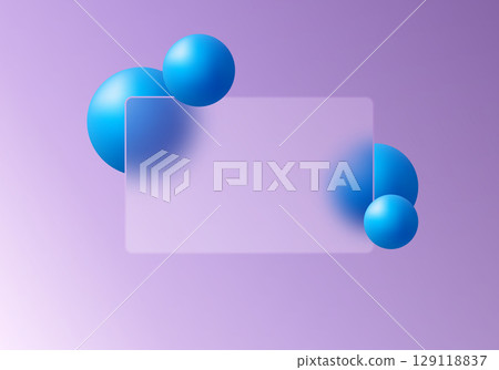 Glassmorphism rectangular banner with blue spheres on purple gradient background 129118837