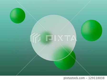 Glassmorphism round banner with green spheres on teal gradient background 129118838