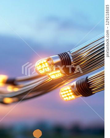 Fiber optics background with lots of light spots. vibrant light effects highlighting the futuristic technology. AI Generated. 129118885
