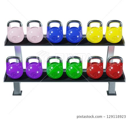 Gym rack with different Olympic kettlebells, cast iron powerlifting equipment Gym rack with different Olympic kettlebells, cast iron powerlifting equipment 129118923