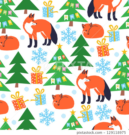 Vector seamless Christmas pattern with foxes in the forest 129118975