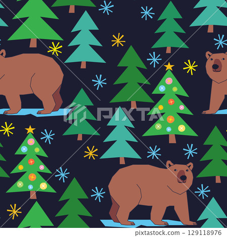Vector seamless Christmas pattern with bear in the night forest Vector seamless Christmas pattern with bear in the night forest 129118976