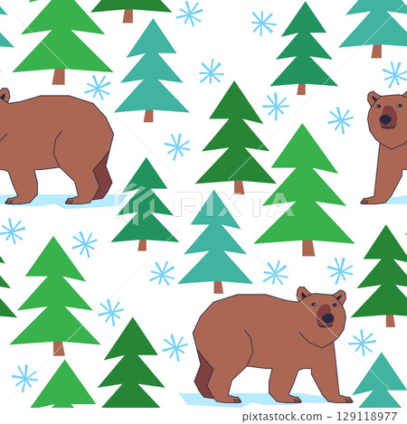Vector seamless pattern with brown bear in daytime winter forest 129118977