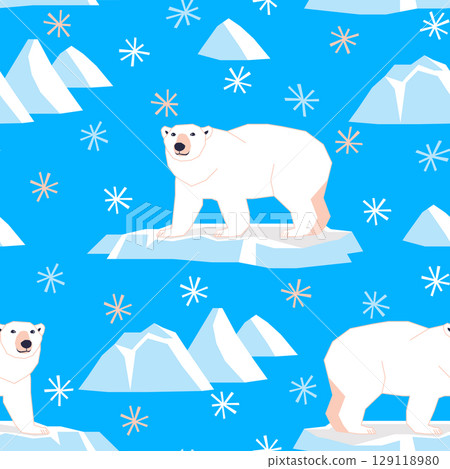 Vector seamless pattern with polar bears among ice floes 129118980