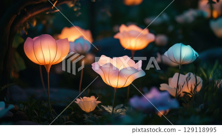 Glowing artificial flowers during nighttime creating a magical atmosphere 129118995