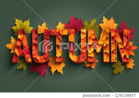 The word Autumn, made in 3D style filled with maple leaves on green background 129119057
