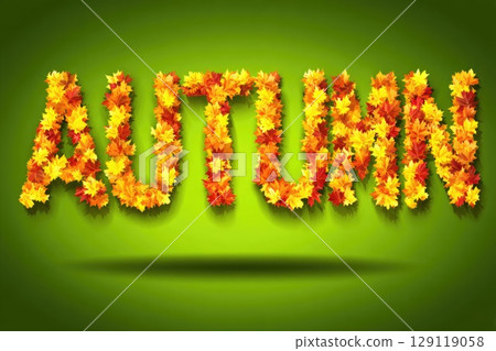 The word Autumn, made in 3D style filled with autumn leaves on green background The word Autumn, made in 3D style filled with autumn leaves on green background 129119058