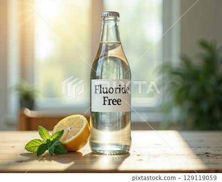 Drinking water without fluoride. Glass bottle and half lemon and mint on wooden countertop 129119059