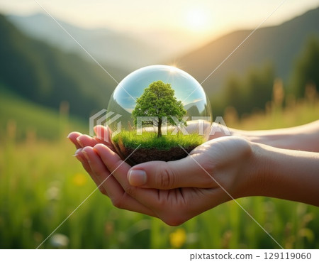 human hand holding glass bubble reflecting nature 129119060