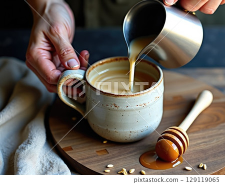 woman hands pouring cream into cup with tahini latte 129119065