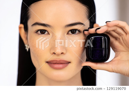 asian young woman with fresh glowing skin holding a small deep purple cosmetic jar without label 129119070