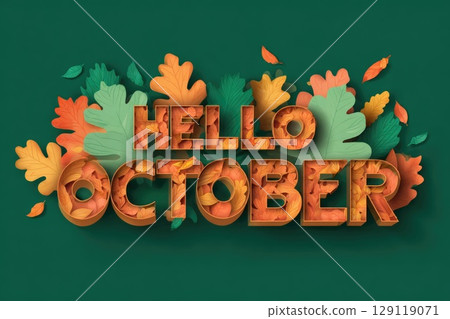 The words "HELLO OCTOBER", made in 3D style filled with autumn leaves on green background 129119071