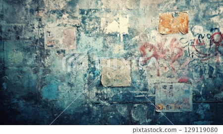 Grunge Wall Texture with Torn Posters and Graffiti 129119080
