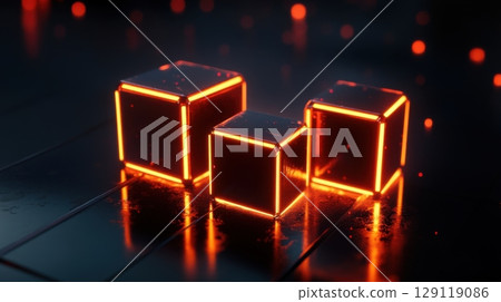 Neon glowing red cube abstract futuristic background 3D render Neon glowing red cube abstract futuristic background 3D render 129119086