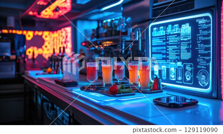 Neon bar counter with colorful cocktails and futuristic digital display menu. Neon bar counter with colorful cocktails and futuristic digital display menu. 129119090