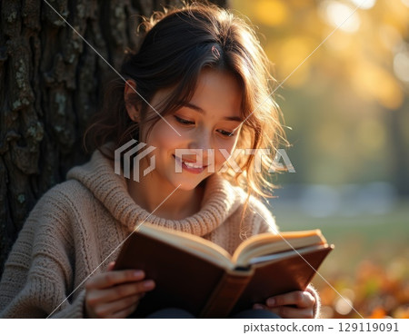 A close-up portrait of a teenager girl reading a book under a large oak tree, away from urban noise A close-up portrait of a teenager girl reading a book under a large oak tree, away from urban noise 129119091