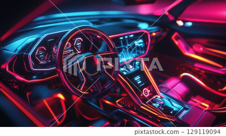 Futuristic car interior with neon lights and high tech dashboard features 129119094