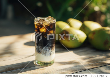 Vietnamese coconut coffee in a tall glass on wooden table, green coconuts next to glass 129119097